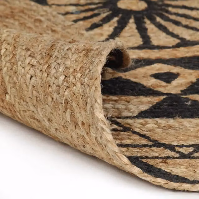 Berkfield Home Handmade Round Jute Rug with Black Floral Print in Natural and Sand, Diameter: 100 cm – 1