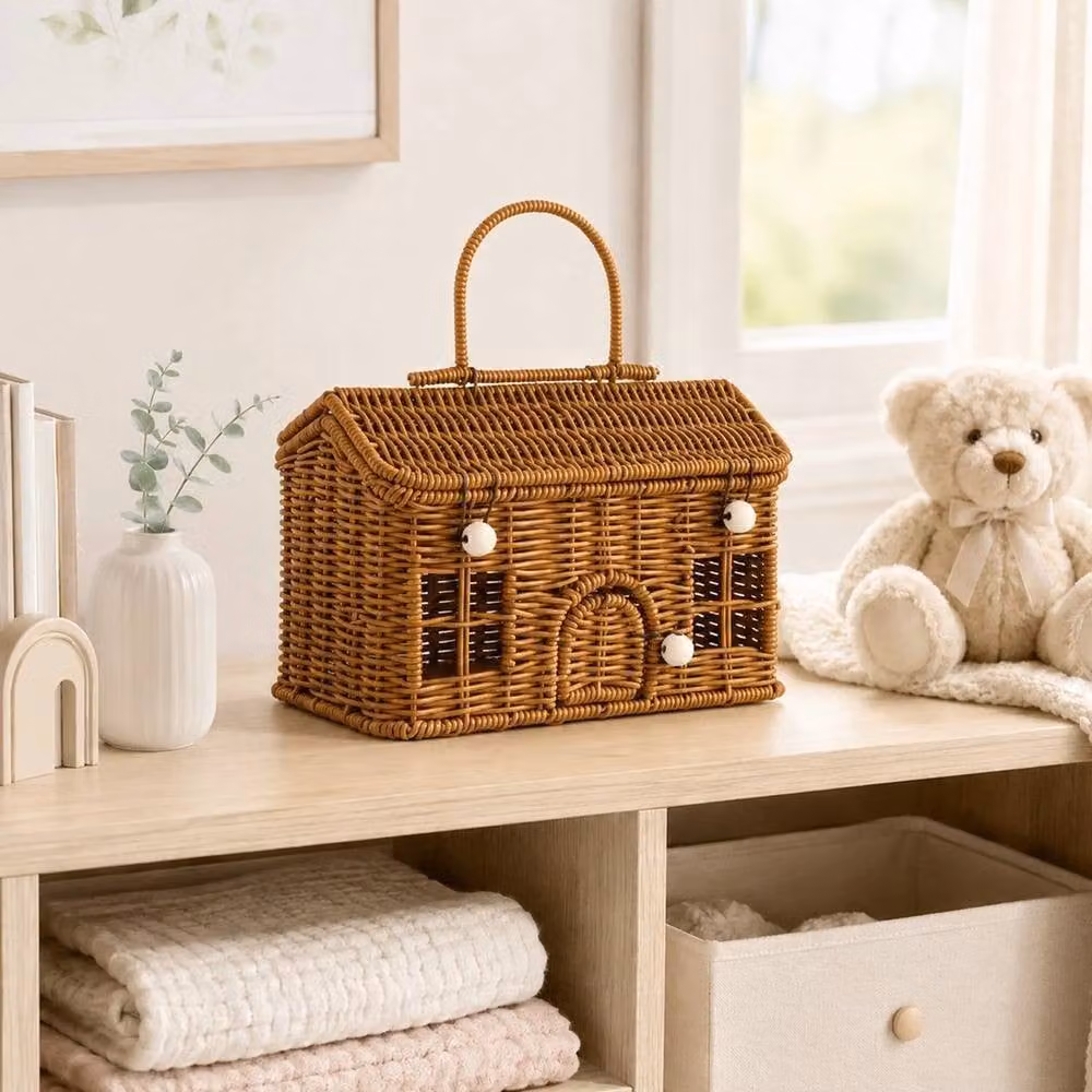 FLAVORA Brown House-Shaped Rattan Wicker Picnic Basket with Handles – 3
