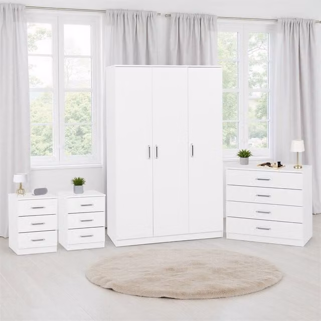 Seconique Dakotia Modern 3 Door Wardrobe, Chest of Drawers and Nightstand Bedroom Set in Matt White