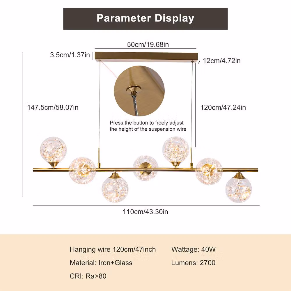 NIVOR 7 Light Dimmable LED Linear Pendant Light in Metallic Gold with Transparent Glass – 2