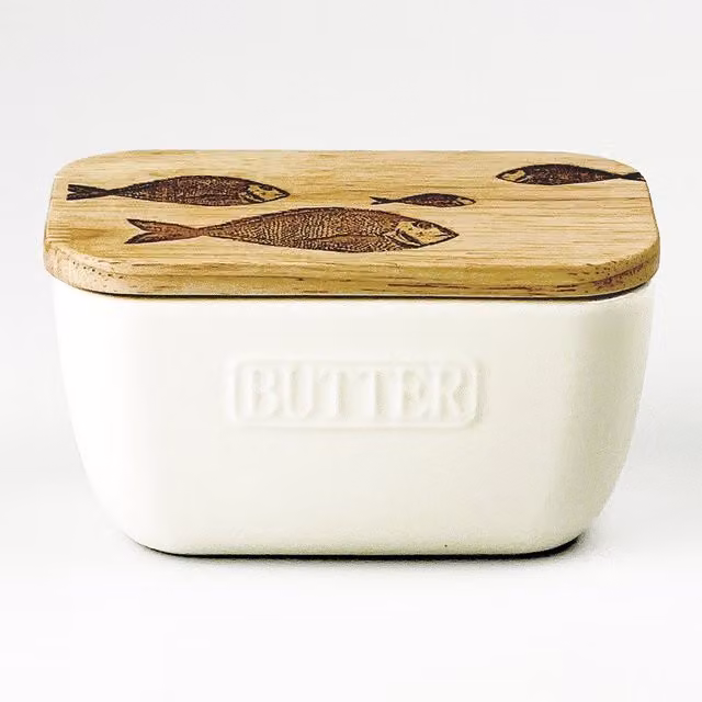 Selbrae House White Ceramic Butter Dish with Fish Repeat Pattern