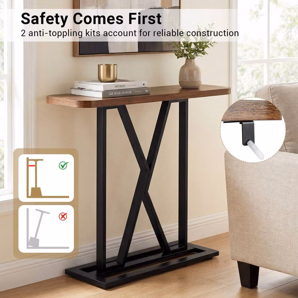 Gymax Industrial Brown Wood and Metal Console Table with X-Frame Design for Living Room or Hallway – 3