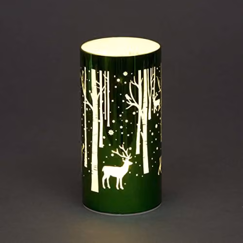 Shatchi Christmas Decorated Glass Cylinder Vase Table Lamp with Deer Scene in Green, H 18 cm x W 9 cm x D 9 cm