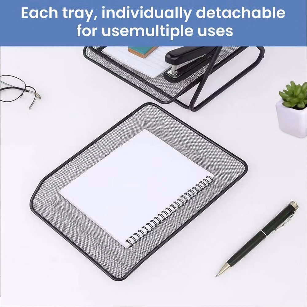 EONLION 2-Tier Metal Mesh Letter Tray and A4 File Organiser in Black, W: 100 cm, D: 15 cm – 3