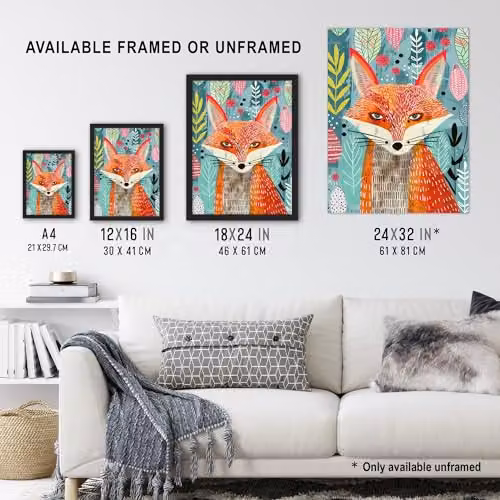 Artery8 Devious Fox in Garden Folk Art Framed Wall Art Print, Multicolour, W: 21.0 cm, H: 29.7 cm – 3