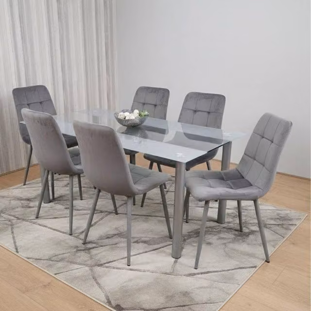 KOSY KOALA Modern Rectangular Glass Dining Table and 6 Grey Upholstered Chairs Set – 1