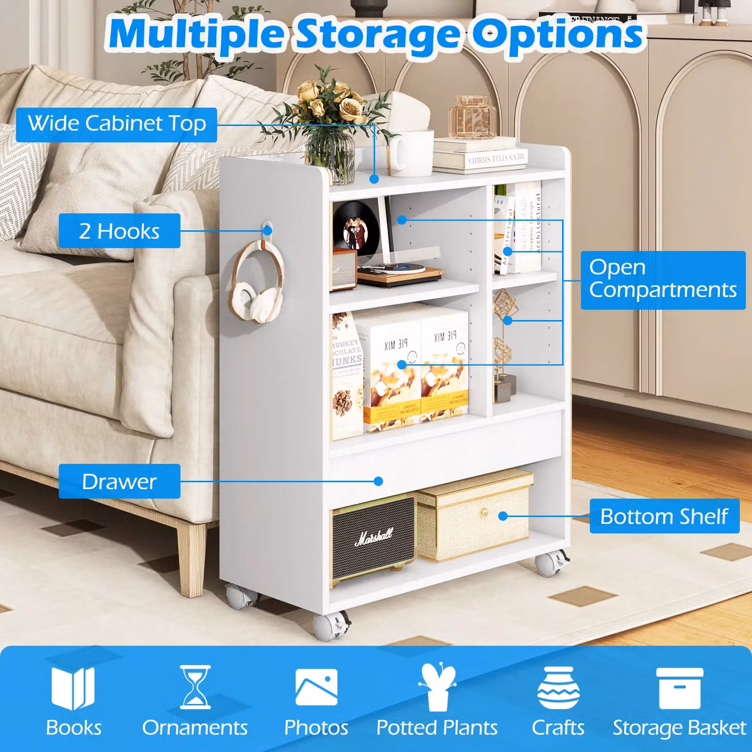 Costway Mobile Storage Cabinet with Drawer and Adjustable Shelves in White – 3