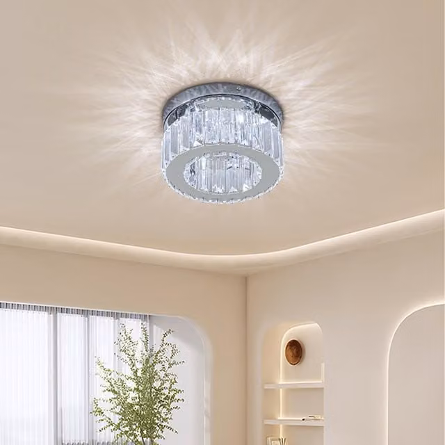Livingandhome 1-Tier Round Crystal LED Ceiling Light in Chrome and White with Cool White Light