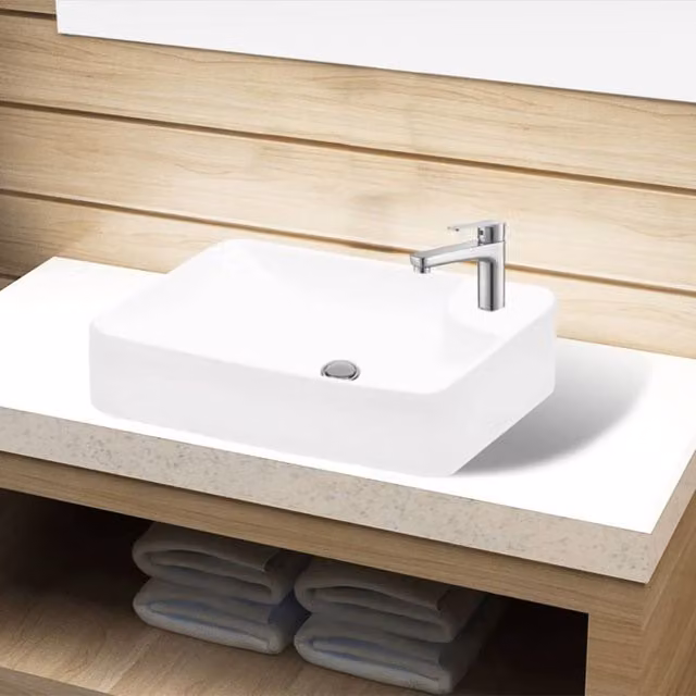 Berkfield Home Rectangular Ceramic Bathroom Sink Basin with Faucet Hole in White – 1