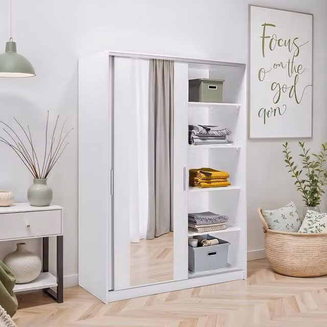 FWStyle Matt White 2 Door Sliding Wardrobe with Mirror and Integrated Handles, W: 120 cm, D: 40 cm, H: 120 cm