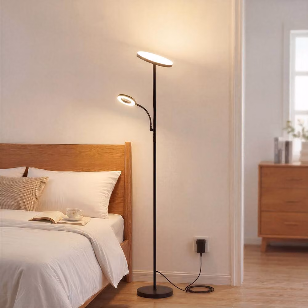 Emitto Mother and Child Floor Lamp Uplighter in Black with Remote Control and Adjustable Reading Light – 3