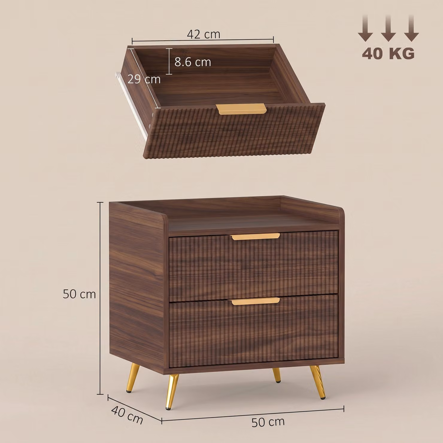 HOMCOM Modern Wall Mounted Two-Drawer Bedside Table in Walnut Brown and Gold – 3