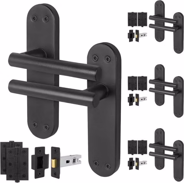 AFIT Black Matt T-Bar Handle Latch and Hinges Backplate Set, 4 Pairs, 150 x 150 mm – 1