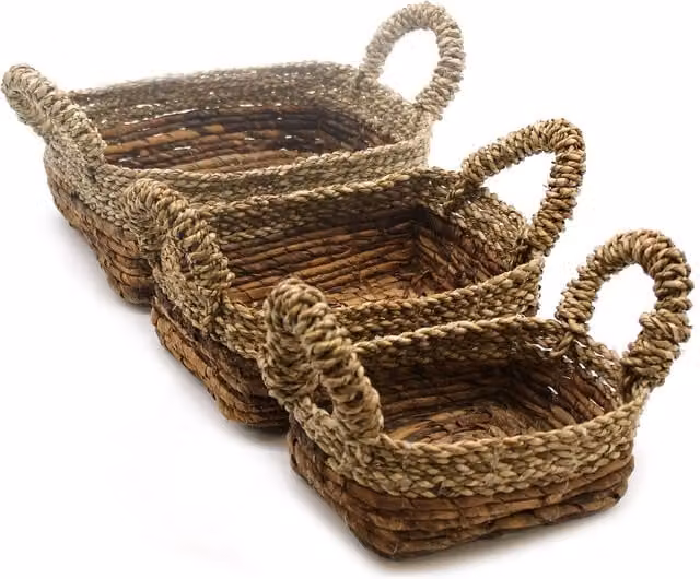 KDMD Set of 3 Beige Banana Leaf and Seagrass Open Weave Square Baskets