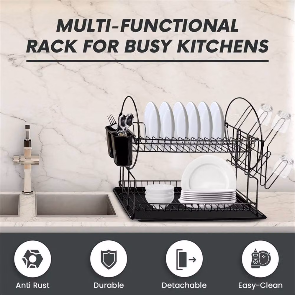 VOGREX 2 Tier Black Dish Drainer Rack with Drip Tray and Cutlery Holder – 4