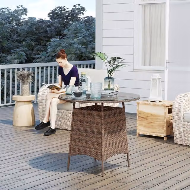 Outsunny Brown Rattan Garden Outdoor Table with Glass Top and Umbrella Hole