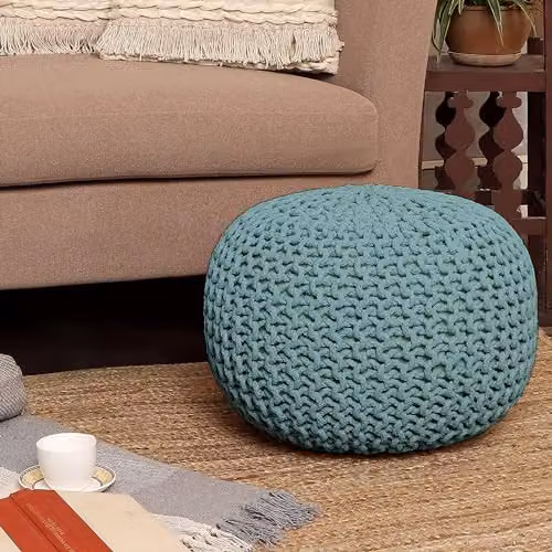 Home Sweet Home UK Handmade Large Round Knitted Pouffe Ottoman in Blue, 100% Cotton – 6