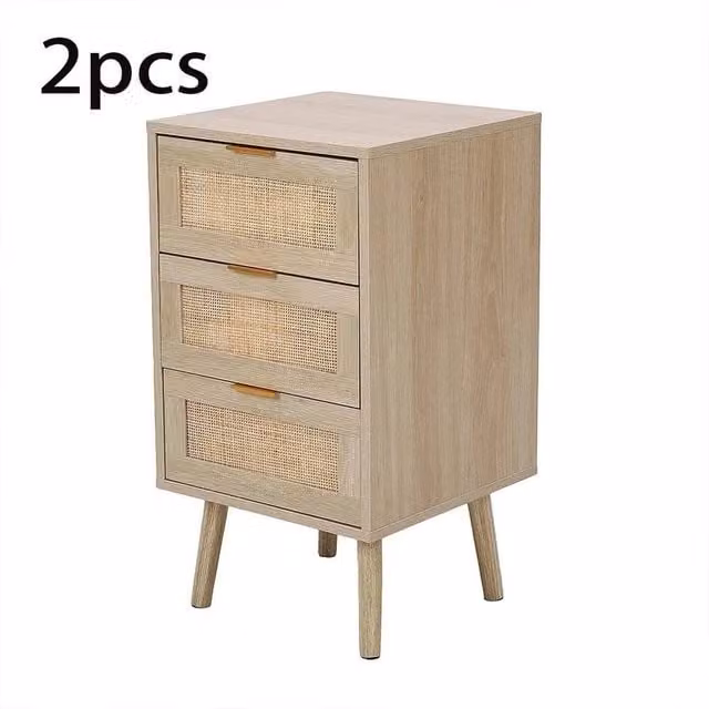 KORVIXA Set of 3 Boho Rattan Bedside Tables in Natural Sand, Brown and Beige