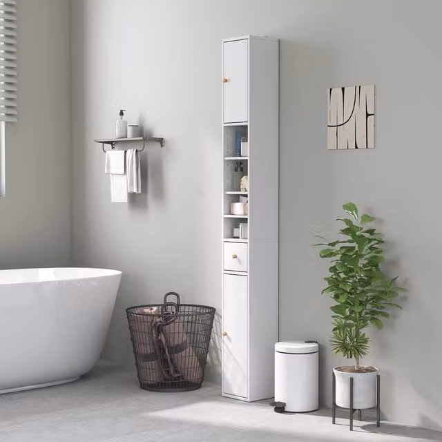 HOMCOM Tall White Freestanding Bathroom Cabinet with Drawer and Adjustable Shelves