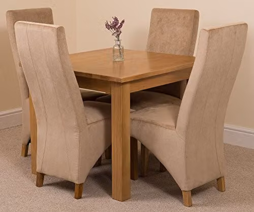 Thats Furniture Oslo Oak Square Dining Table and 4 Beige Upholstered Fabric Chairs Set, W/D/H: 90 x 90 x 77 cm