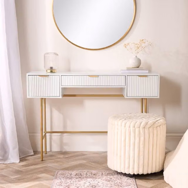 OHS Ribbed Dressing Table Vanity Makeup Desk with 3 Drawers in White, W/D/H: 110 x 75 x 35 cm