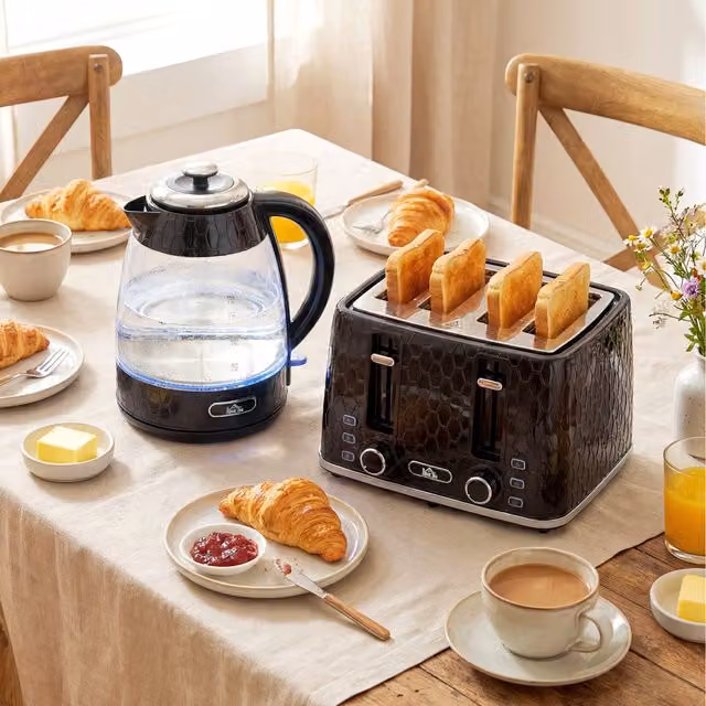 HOMCOM Kettle and Toaster Set with Strix Thermostat and Crumb Tray in Black