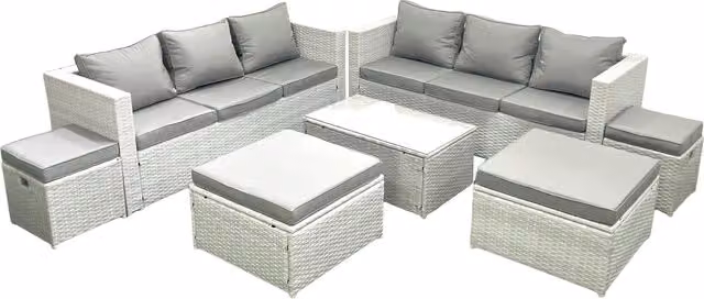 Fimous 7 Piece Rattan Garden Furniture Set in Light Grey with 3 Seater Sofa, 2 Seater Sofa, Coffee Table and 4 Footstools
