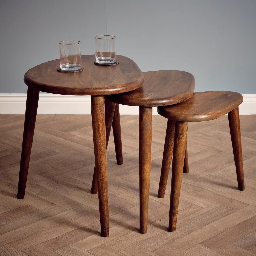 Elm Home And Garden 3 Piece Nesting Coffee Table Set - Round Solid Mango Wood Nest of Tables in Brown – 2