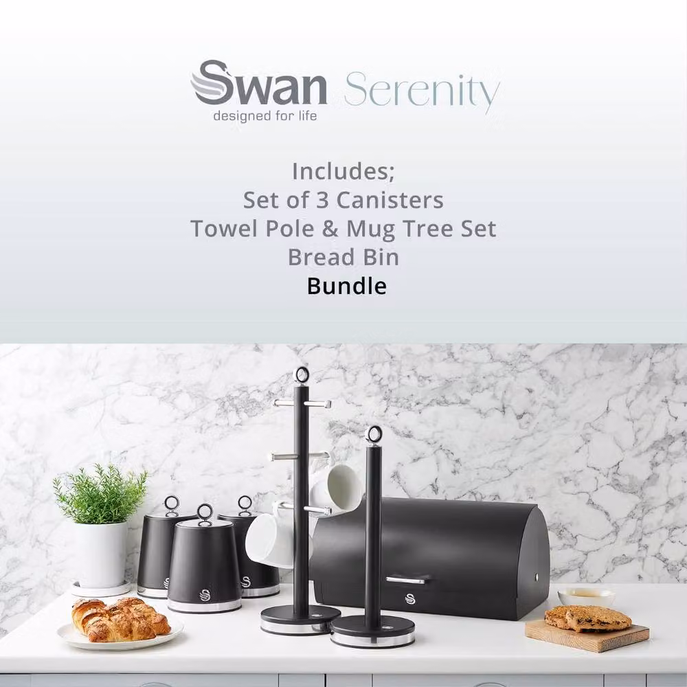 Swan Serenity Black Kitchen Set Including Bread Bin, 3 Canisters, Towel Pole and Mug Tree – 2
