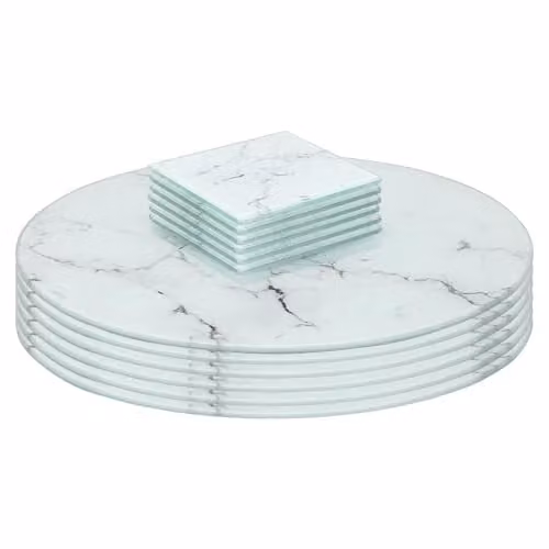 Harbour Housewares 12pc Round Glass Placemats and Square Coasters Set in White Marble Effect, Diameter: 30 cm