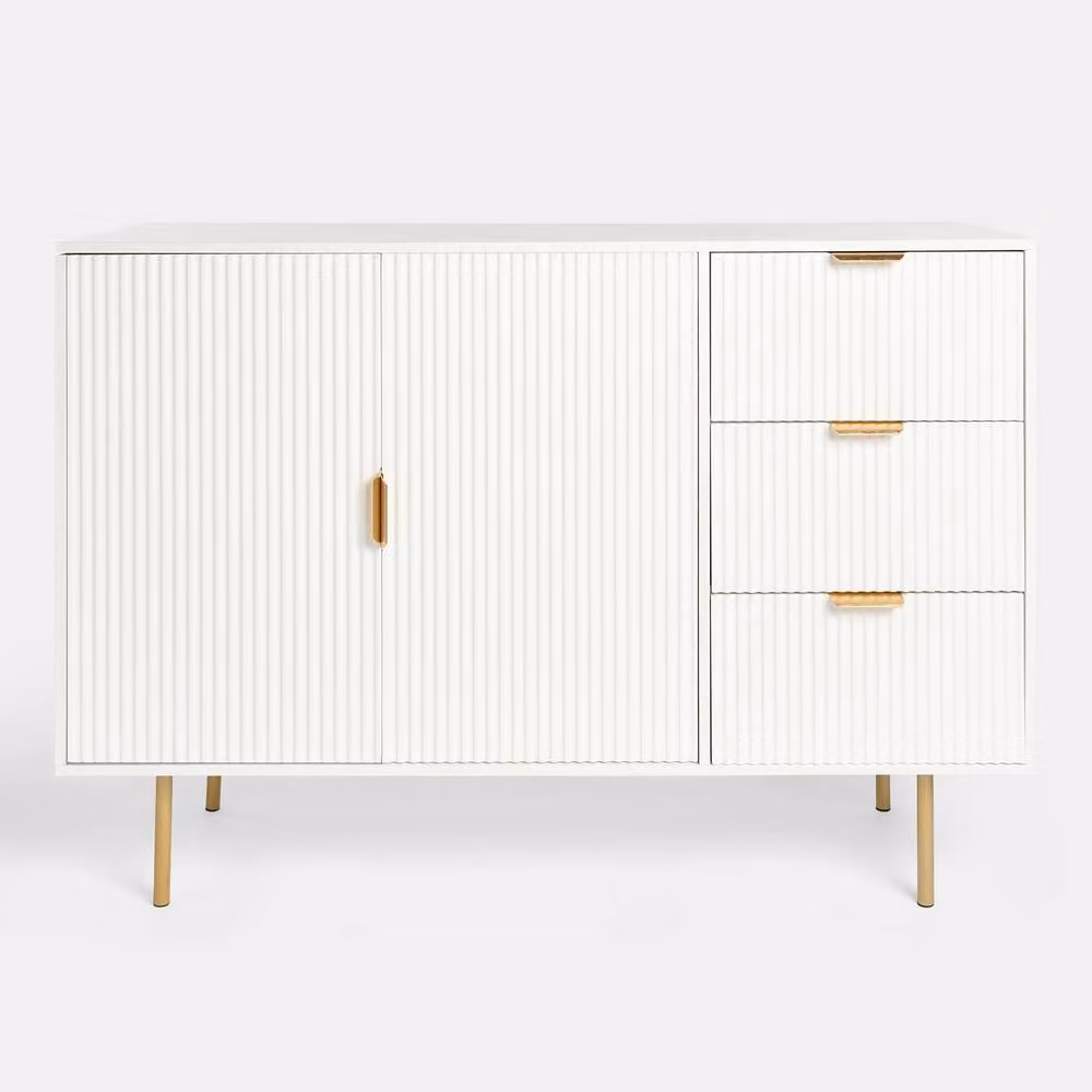 OHS Modern Ribbed Sideboard Cabinet with Drawers and Shelves in Cream Beige – 2