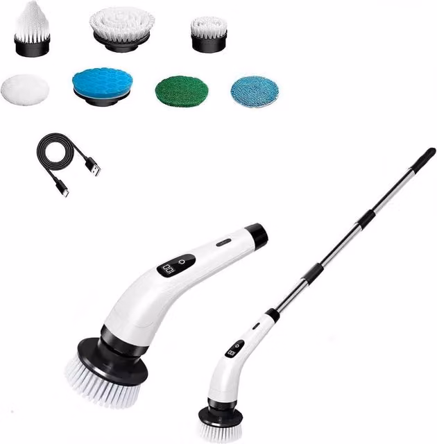 KORVIXA Cordless Electric Spin Scrubber with Long Handle in White and Multicolour, H 100 x W 15 x D 15 cm