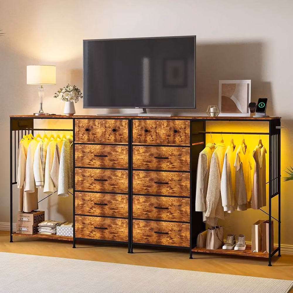 London Boutique 6-Drawer Dresser with Hanging Rod and Charging Station in Brown – 6