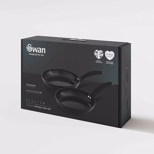 Swan Stealth 2 Piece Forged Aluminium Frying Pan Set with Toxin Free Ceramic Coating in Black, Induction Compatible – 6