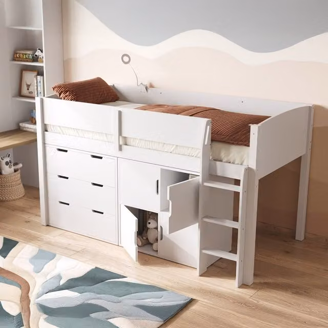 Flair Furnishings Loop Midsleeper Bed Set in White with Scandinavian Style Storage