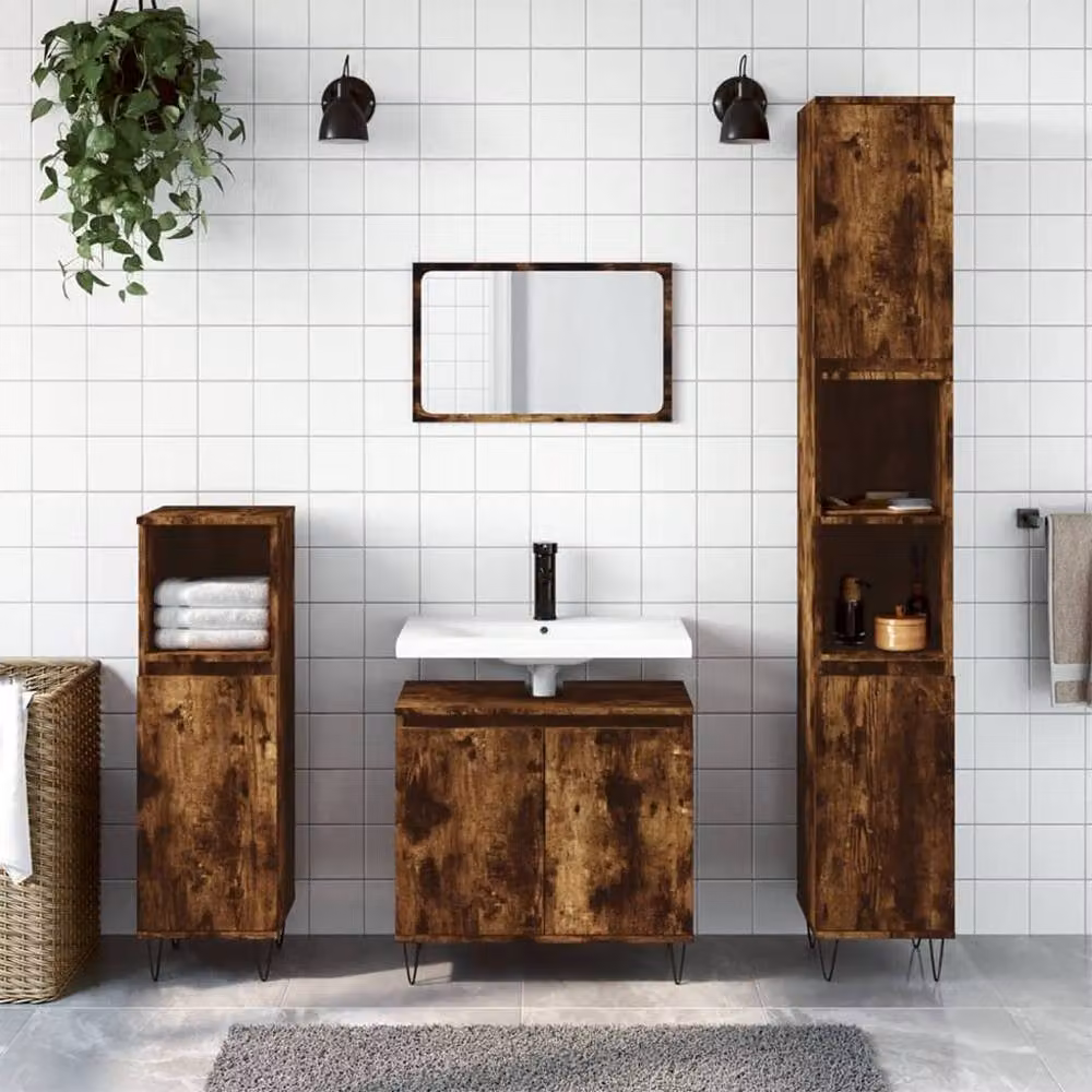 Berkfield Home Modern 3 Piece Bathroom Cabinet Set in Smoked Oak Brown, featuring Vanity Unit and Tall Cabinet – 2