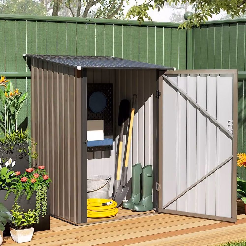 Rolipo Brown and Grey Lean-To Steel Garden Shed with Lockable Single Door – 3