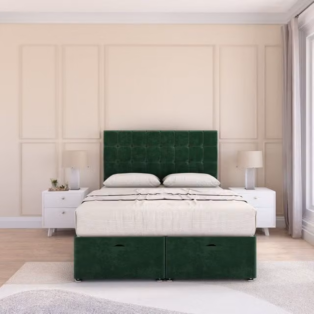 Sloomy Alabama King Size Ottoman Bed with 26 Inch Headboard and Hybrid Memory Mattress in Emerald Green