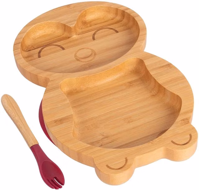 Tiny Dining Bamboo Divided Toddler Weaning Plate and Fork Set, Penguin Design, Red and Brown – 1