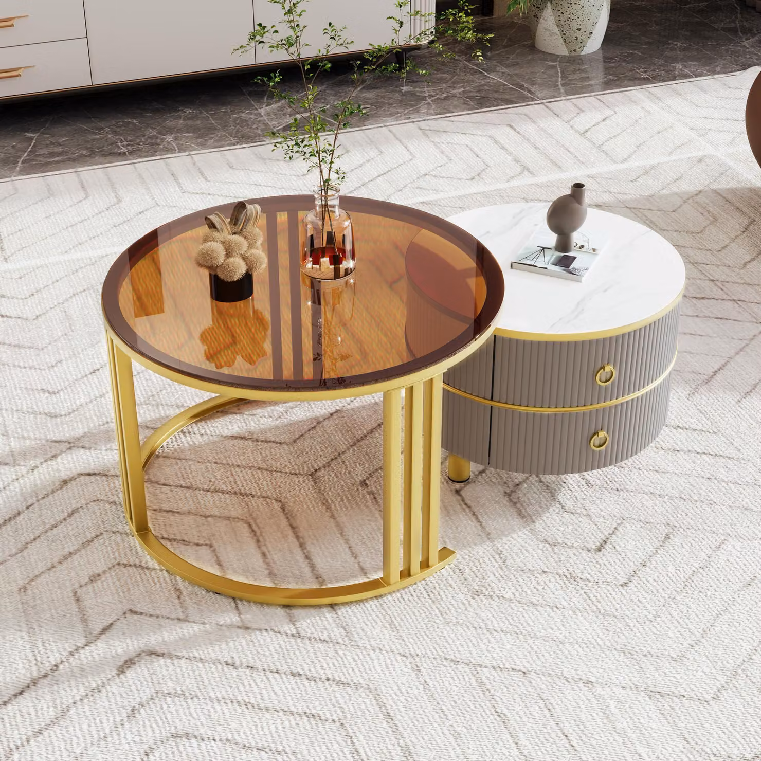 Aosom UK 2-in-1 Round Coffee Table Set with High-Gloss Top and 2 Drawers, Grey and Brown, W: 70 cm, D: 70 cm, H: 45 cm – 3