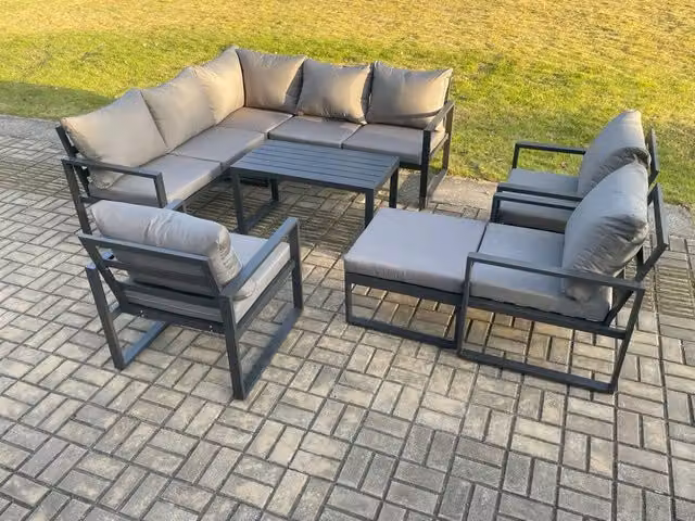 Fimous 9 Seater Aluminium Outdoor Garden Furniture Set in Dark Grey with L-Shape Sofa, Coffee Table and Ottoman