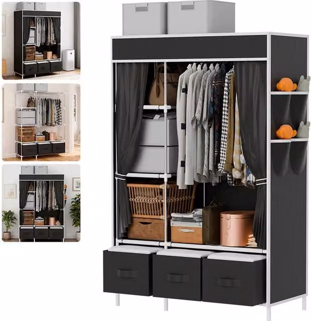 SPETLEK Fabric Canvas Storage Closet with Hanging Rail, Black – 1