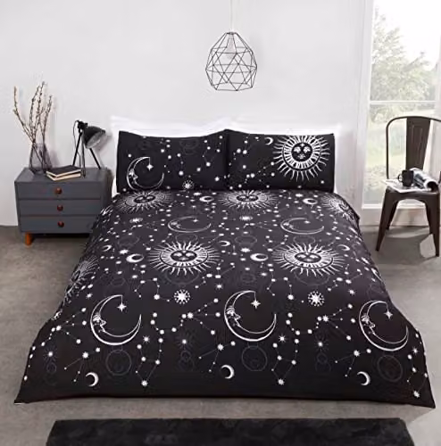 Rapport Home Celestial Stars Reversible Polycotton Duvet Cover and Pillowcase Set in Black, W/D/H: 200 x 200 cm with 50 x 75 cm Pillowcase