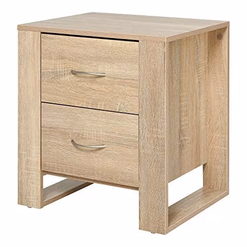 HOMCOM Modern Bedside Table with 2 Drawers and Silver Handles in Brown