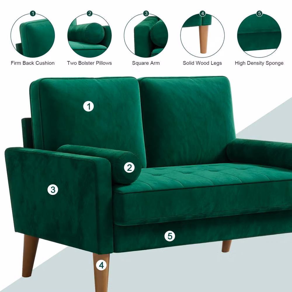 Dprodo Green Velvet Love Seat Couch with 2 Scatter Cushions, Width: 121 cm – 2