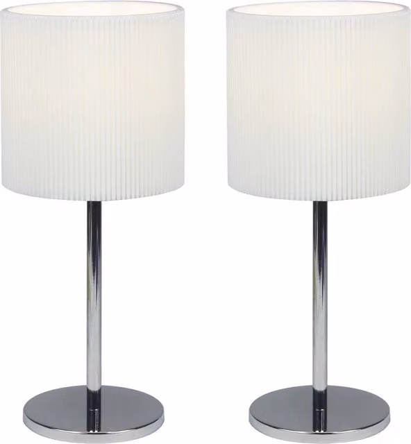 First Choice Lighting Set of 2 Chrome Stick Table Lamps with White Fabric Shades
