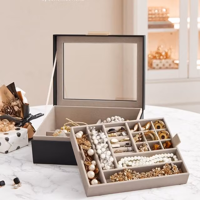 SONGMICS 2-Layer Jewellery Box Organiser with Removable Tray and Lid, Black