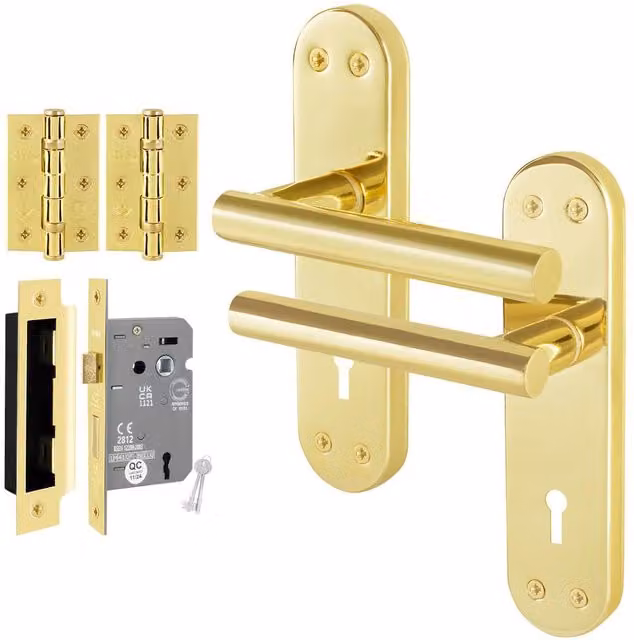 AFIT T-Bar Handle Set with Polished Brass Lock Backplate and 64mm Hinges in Gold, W/D/H: 150 x 150 x 15 mm