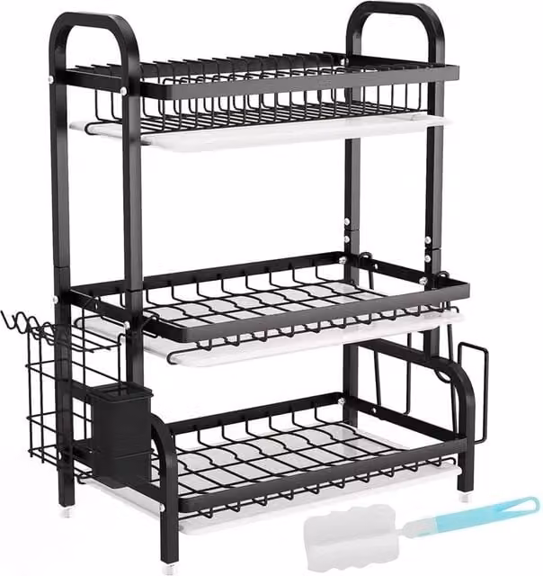SPETLEK 3 Tier Dish Drainer Rack in Black with Cutlery Holder and Drip Tray – 1