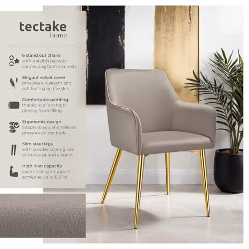 tectake Set of 6 Avane Dining Chairs with Velvet-Look Fabric and Armrests in Taupe – 4